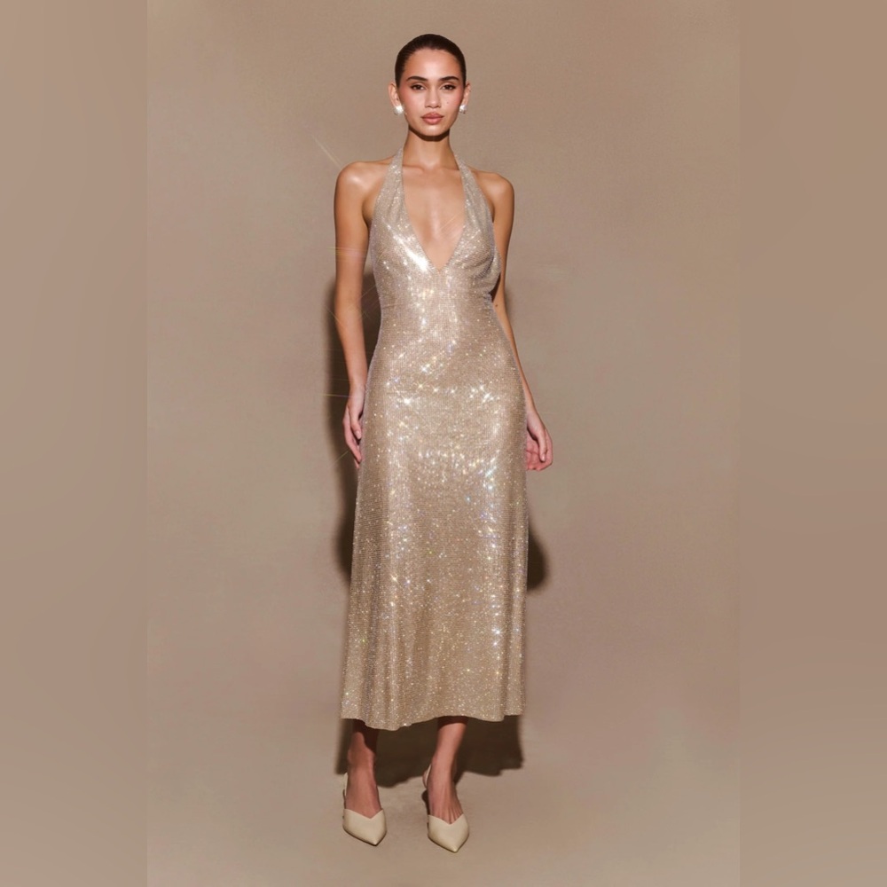 Meshki Genie dress 
Diamanté halter midi dress- Nude